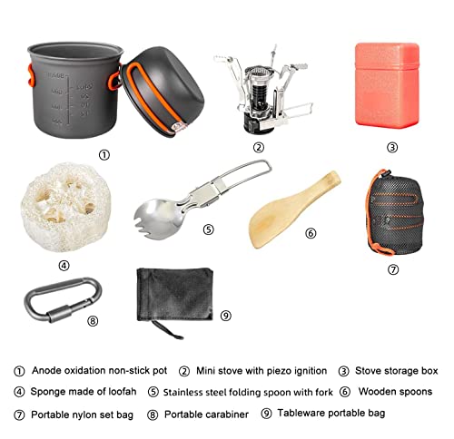 Camping Cookware Set with Stove,Portable Camping Mess Kit with Non-Stick Pots