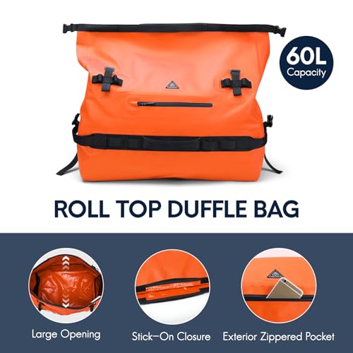 60L Large Waterproof Duffel Backpack Roll-Top Heavy Duty Dry Duffle Bag for Camping