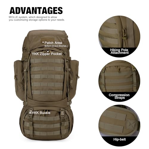 60L Military Internal Frame Backpack for Hiking & Camping | Rucksack with Rain Cover
