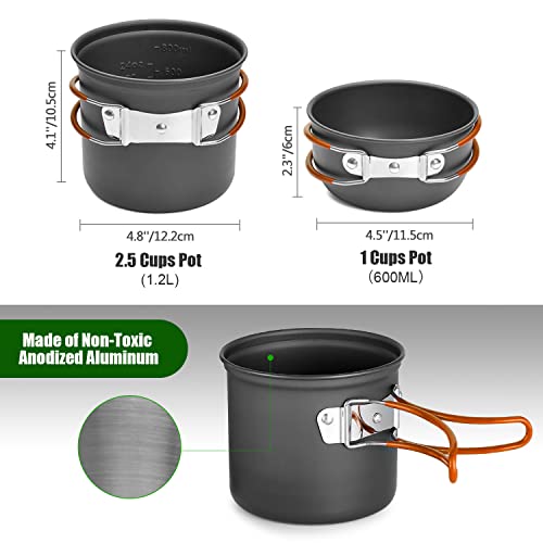 8pcs Camping Cookware Mess Kit,Camping Pot & Pan Set w/ Mini Backpacking Stove