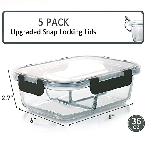 5pcs 36oz Glass Meal Prep Containers 3 Compartment w/ Lids,Glass Lunch Container