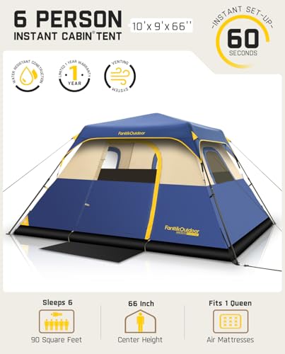Camping Tent 4Person Instant Cabin Tent Setup in 60 Secs w/ Rainfly & Carry Bag