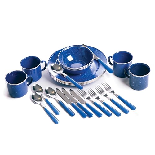 24pcs Enamel Camping Steel Tableware Set with Blue Enamel Finish