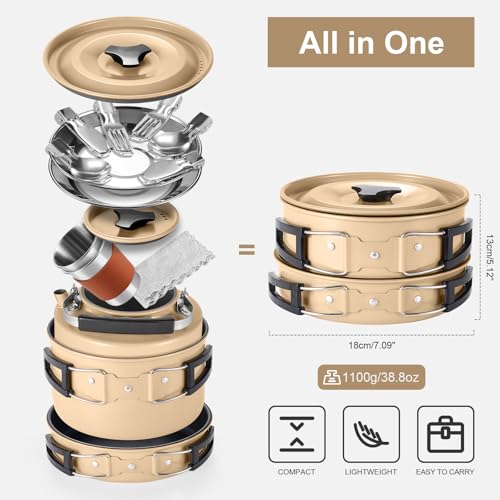 Camping Cookware Set Non-Stick Pot & Pan Set w/ Kettle,Stainless Steel Utensils Mess Kit
