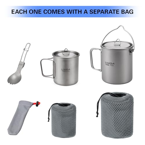 Titanium Camping Cookware w/ Folding Spork,750ml Camping Titanium Pot & Coffee Mug