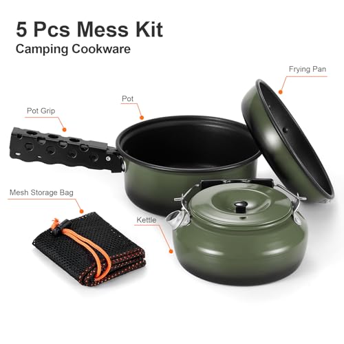 5pcs Camping Cookware Non-Stick Camping Pot and Pan Set with Kettle