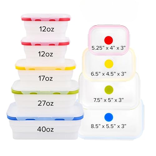 5pcs Collapsible Silicone Food Storage Containers,BPA Free,Microwave,Freezer & Dishwasher Safe