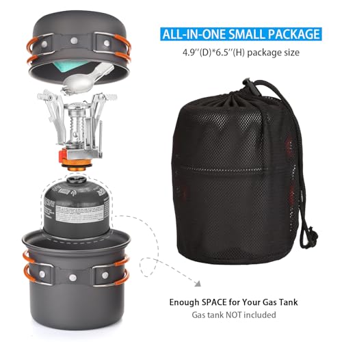 6pcs Camping Cookware Mess Kit w/ Lightweight Pot,Stove,Spork & Carry Mesh Bag