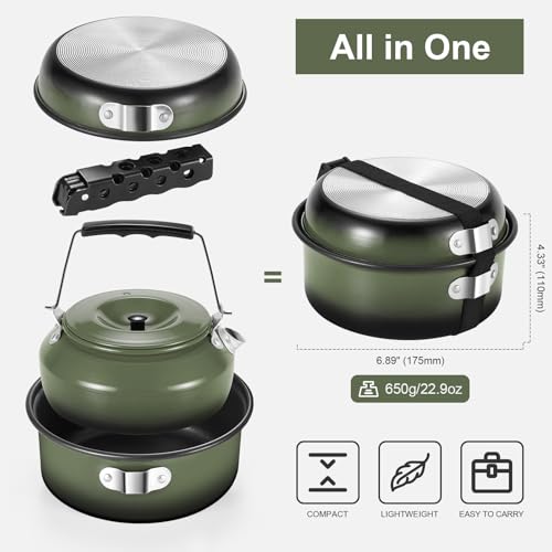 5pcs Camping Cookware Non-Stick Camping Pot and Pan Set with Kettle