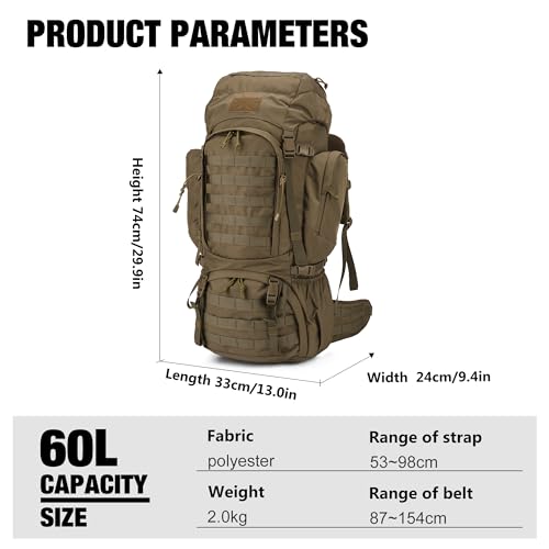 60L Military Internal Frame Backpack for Hiking & Camping | Rucksack with Rain Cover