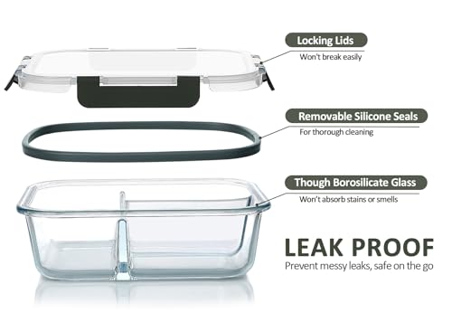 5pcs 36oz Glass Meal Prep Containers 3 Compartment w/ Lids,Glass Lunch Container