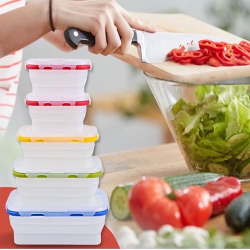 5pcs Collapsible Silicone Food Storage Containers,BPA Free,Microwave,Freezer & Dishwasher Safe