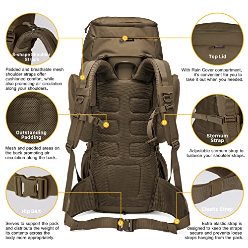 60L Military Internal Frame Backpack for Hiking & Camping | Rucksack with Rain Cover