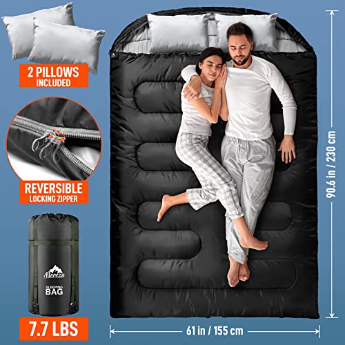 Double Sleeping Bag w/ Pillow for Adults, XL Queen Size 2 Person