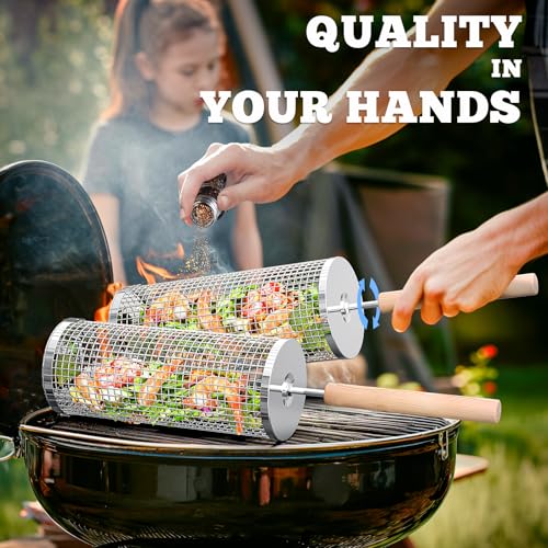 2pcs Rolling Grill Basket,Removable Wooden Handle,304 Stainless Steel,Nesting Grilling Net