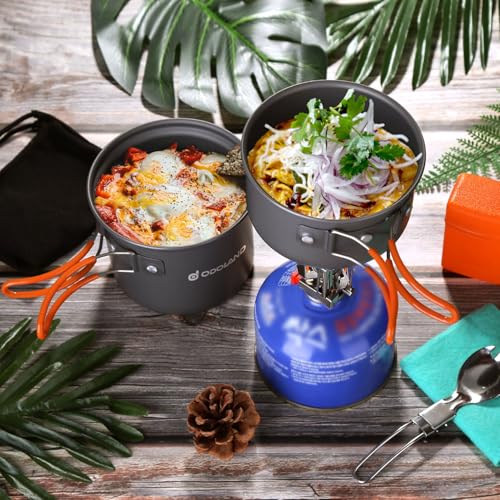 6pcs Camping Cookware Mess Kit w/ Lightweight Pot,Stove,Spork & Carry Mesh Bag