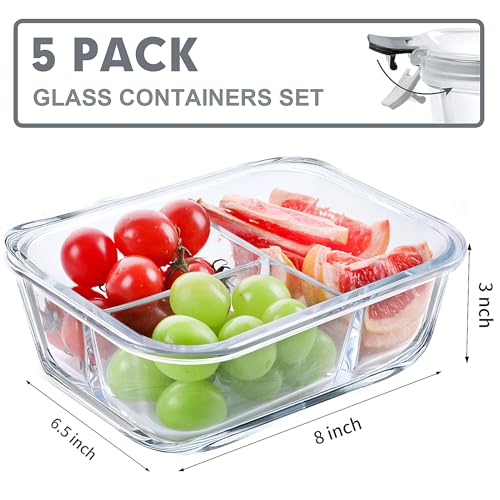5pcs Glass Meal Prep Containers 3 Compartment Set,36OZ Airtight Glass Lunch Containers