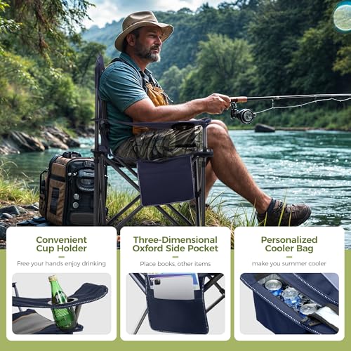 2pcs Oversized Camping Folding Chair Heavy Duty w/ Cooler Bag-Support 450LBS