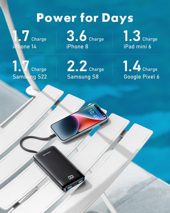 Portable Charger with Built in Cables, Portable Charger with Cords Wires Slim 10000mAh