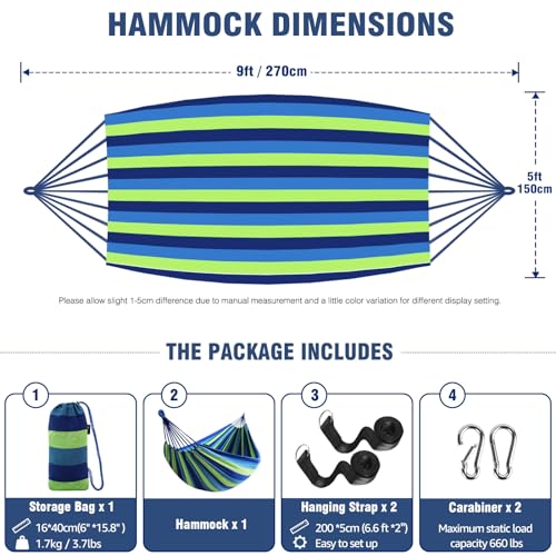 Cotton Hammock,Comfortable Fabric Hammock w/ Tree Straps-Up to 660lbs