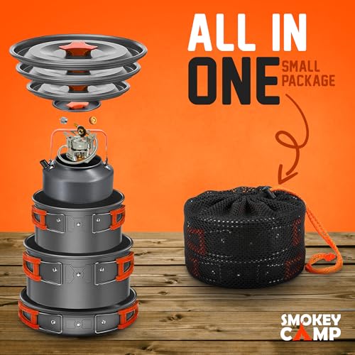 Camping Cookware Mess Kit Set w/ Stove-Backpacking Camping Pots & Pans Set