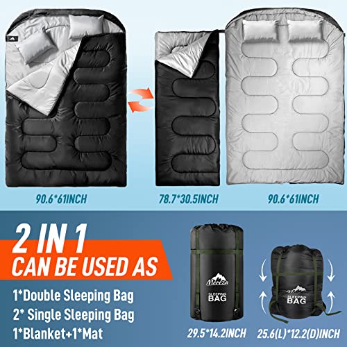 Double Sleeping Bag w/ Pillow for Adults, XL Queen Size 2 Person