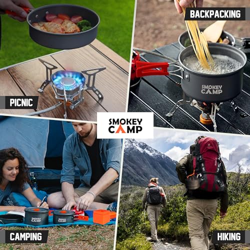 Camping Cookware Mess Kit Set w/ Stove-Backpacking Camping Pots & Pans Set