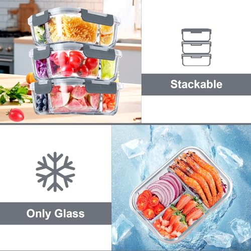 5pcs Glass Meal Prep Containers 3 Compartment Set,36OZ Airtight Glass Lunch Containers