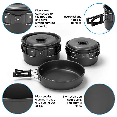 15pcs Camping Cookware Mess Kit,Non-Stick Lightweight Pots Pan Set w/ Stainless Steel Cups