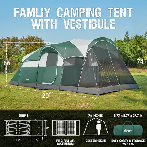 8 Person Family Camping Tent w/ Screen Room,Water Resistant Big Tunnel Tent w/ Rainfly