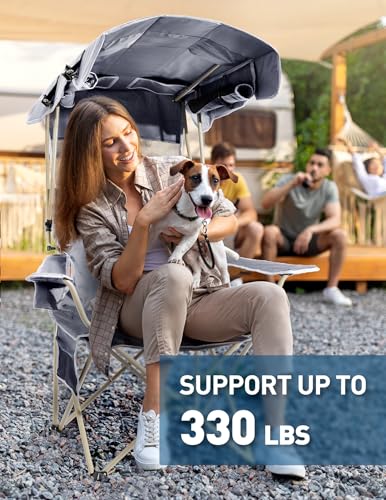 Beach Chair w/ Canopy Shade,Folding Camping Chair w/ Canopy & Cup Holder