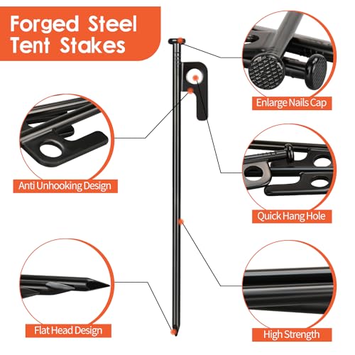 8pcs 8" Heavy Duty Forged Steel Tent Stakes w/ Storage Bag for Camping