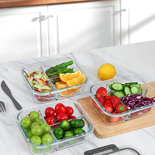5pcs 36oz Glass Meal Prep Containers 3 Compartment w/ Lids,Glass Lunch Container