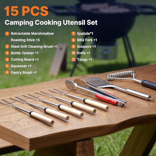 Camping Cooking Utensils Set,Grilling Cookware,Camp Kitchen Rotating Marshmallow Roasting Sticks