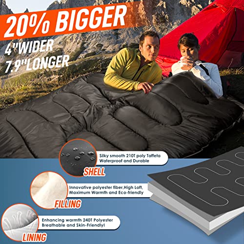 Double Sleeping Bag w/ Pillow for Adults, XL Queen Size 2 Person