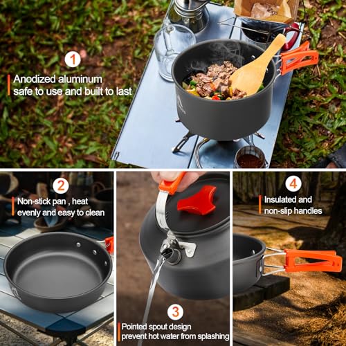 17pcs Camping Cookware Kit,0.45Gal Pot,7" Pan,0.30Gal Kettle Set w/ 2 Cups
