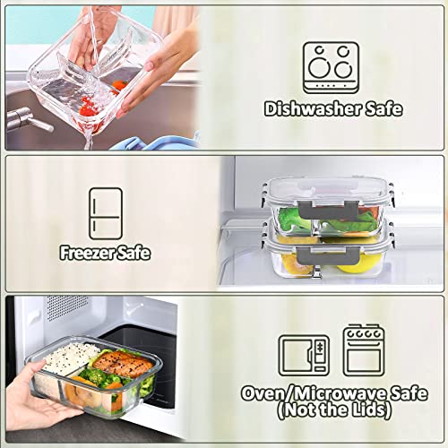 5pcs 36oz Glass Meal Prep Containers 3 Compartment w/ Lids,Glass Lunch Container