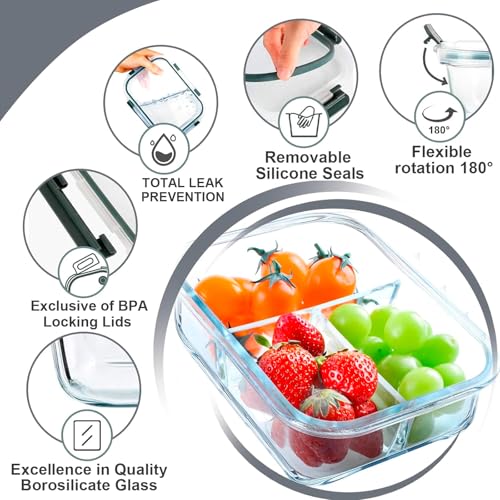 5pcs Glass Meal Prep Containers 3 Compartment Set,36OZ Airtight Glass Lunch Containers