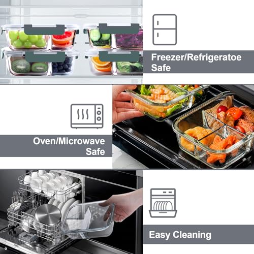 5pcs Glass Meal Prep Containers 3 Compartment Set,36OZ Airtight Glass Lunch Containers