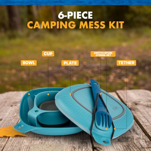 6pcs Camping Mess Kit with Bowl, Plate, Camp Cup & Switch Spork Utensil Set